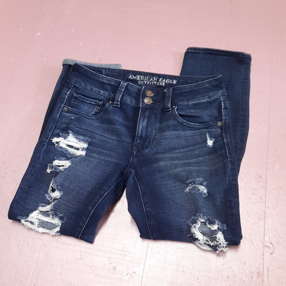 American Eagle Jeans Women 4 Reg Blue Artist Crop Distressed Stretch Denim Pants